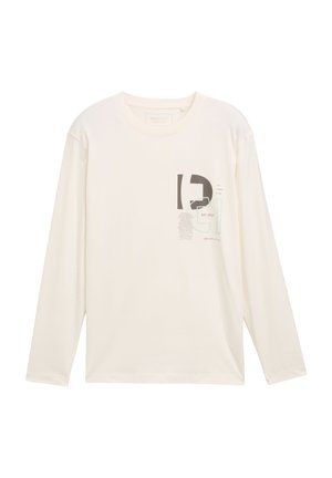 Langärmliges cremefarbenes T-Shirt aus weichem Stoff. Verfügt über abstrakte Designs in Dunkelgrau und Türkis, mit einem Textelement und einem Logodetail.