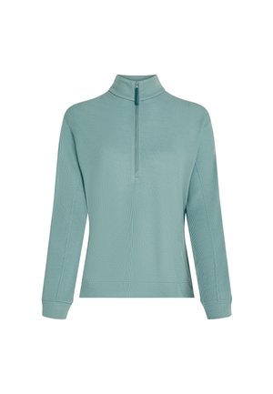 Pullover verde chiaro con cerniera, colletto alto, maniche lunghe e tessuto testurizzato, con mezza cerniera al collo e polsini a coste.