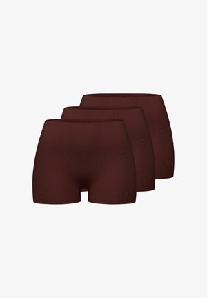 Drei identische Paare nahtloser dunkelbrauner Boyshort-Unterwäsche, in versetzter Reihe auf weißem Hintergrund angeordnet.