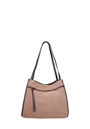 Beige Wildleder-Umhängetasche mit dunkelbraunen Lederakzenten, einer geschwungenen Form und einer vorderen Reißverschlusstasche mit Quasten-Detail.