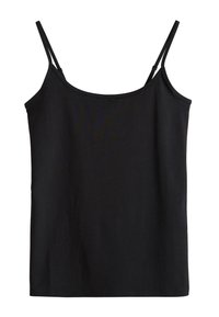 Camiseta sin mangas negra con finas tirantes ajustables tipo espagueti, escote recto y diseño simple de tela lisa.