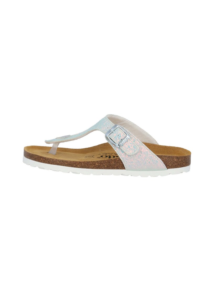 Flip-flop sandal with a textured, iridescent strap, adjustable silver buckle, and a brown cork footbed on a white rubber sole.