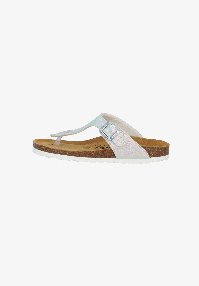 Flip-flop sandal with a textured, iridescent strap, adjustable silver buckle, and a brown cork footbed on a white rubber sole.