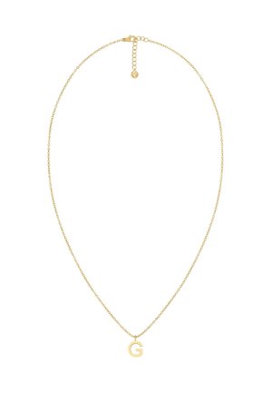 Guldfarvet halskæde med en delikat kæde og en enkelt charm formet som bogstavet "G." Enkel design med en glat overflade.