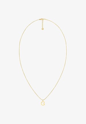 Zlatý náhrdelník s jemným reťazcom a jedným príveskom v tvare písmena "G." Jednoduchý dizajn s hladkým povrchom.