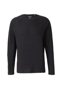 Langärmliges T-Shirt in Dunkelgrau, aus einem weichen Baumwollmix gefertigt. Verfügt über einen Rundhalsausschnitt und flache Nähte für höheren Tragekomfort. Minimale Markenkennzeichnung am Saum.