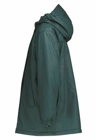 Green waterproof jacket with a hood, elastic cuffs, and two side pockets, featuring a smooth texture and a relaxed fit.