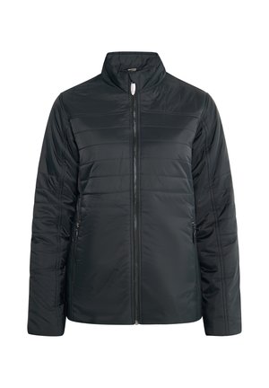 Veste noire rembourrée avec un col haut, des coutures horizontales, une fermeture éclair à l'avant et des poches latérales. Texture lisse.