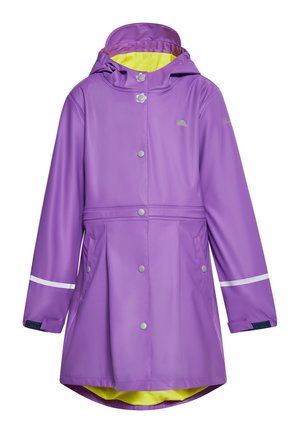 Imperméable violet avec capuche, doublure intérieure jaune, boutons-pression, poignets réglables, bandes réfléchissantes sur les manches et poches avant.