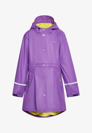 Imperméable violet avec capuche, doublure intérieure jaune, boutons-pression, poignets réglables, bandes réfléchissantes sur les manches et poches avant.
