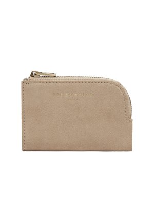 Beige suede wallet with rounded top, gold embossed logo, and a zip closure. Textured surface with smooth trim. Compact and rectangular design.