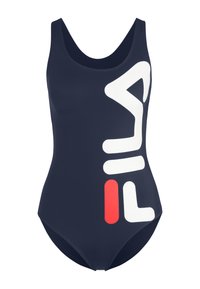 Laadukas tummansininen yksiosainen uimapuku, valmistettu joustavasta materiaalista, jossa on suuri valkoinen ja punainen FILA-logo edessä. Sujuva pinta, pyöreä kaula-aukko.