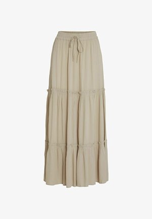 Fustă maxi bej deschis, realizată dintr-un material texturat. Prezintă un talie elastică cu cordon de strângere și detalii cu volane stratificate la tiv.