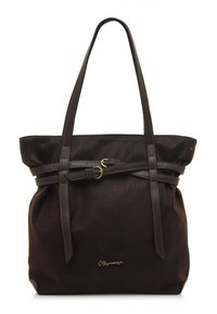 Borsa a tracolla marrone realizzata in materiale morbido, con doppi manici, dettaglio di cintura annodata e accento con logo dorato sul fronte.