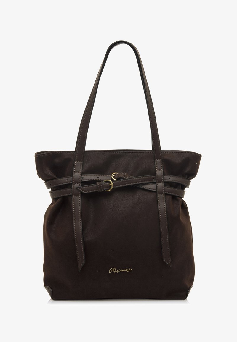 Borsa a tracolla marrone realizzata in materiale morbido, con doppi manici, dettaglio di cintura annodata e accento con logo dorato sul fronte.