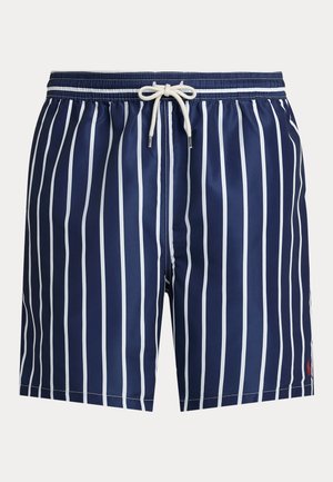 Temno modre kopalne kratke hlače z belimi navpičnimi črtami, z elastičnim pasom, zapiranjem s vrvico in majhnim logotipom na robu.