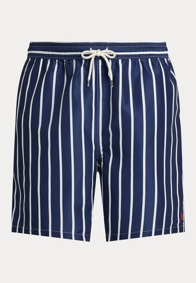 Mornarske kupaće hlače s bijelim okomitim prugama, s elastičnim pojasom, vezicom za zatvaranje i malim logotipom na rubu.