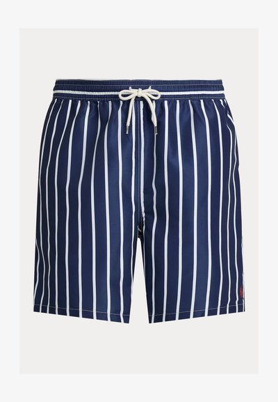 Mornarske kupaće hlače s bijelim okomitim prugama, s elastičnim pojasom, vezicom za zatvaranje i malim logotipom na rubu.