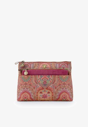 Textile pouch with intricate floral patterns in pink and green, featuring a top zipper and a striped front pocket. Gold-tone hardware accents.