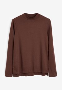 Brown long-sleeve top with a high neckline, made of soft fabric, featuring a relaxed fit and side slits at the hem for ease of movement.