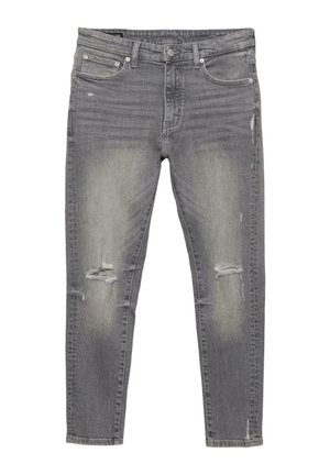 Sivo ozke kavbojke iz jeansa z bledimi predeli in strganinami na obeh kolenih, opremljene z žepki spredaj in zankami za pas.