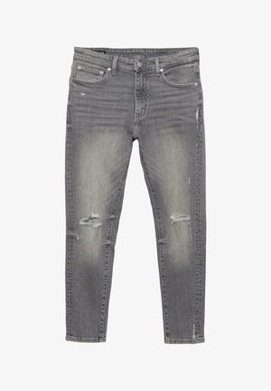 Šedé džíny z denimového materiálu se štíhlým střihem, vybavené vybledlými oblastmi a opotřebovanými trhlinami na obou kolenou, s předními kapsami a poutky na opasek.