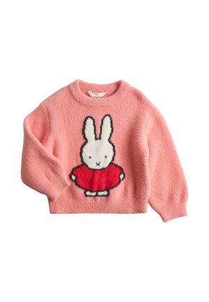 Maglione rosa per bambini con un coniglietto cartone animato bianco che indossa un vestito rosso lavorato a maglia sul davanti.