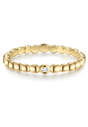 Anillo de oro con un diseño de perlas, textura suave y un único acento de diamante, con un acabado pulido y forma redondeada y uniforme.