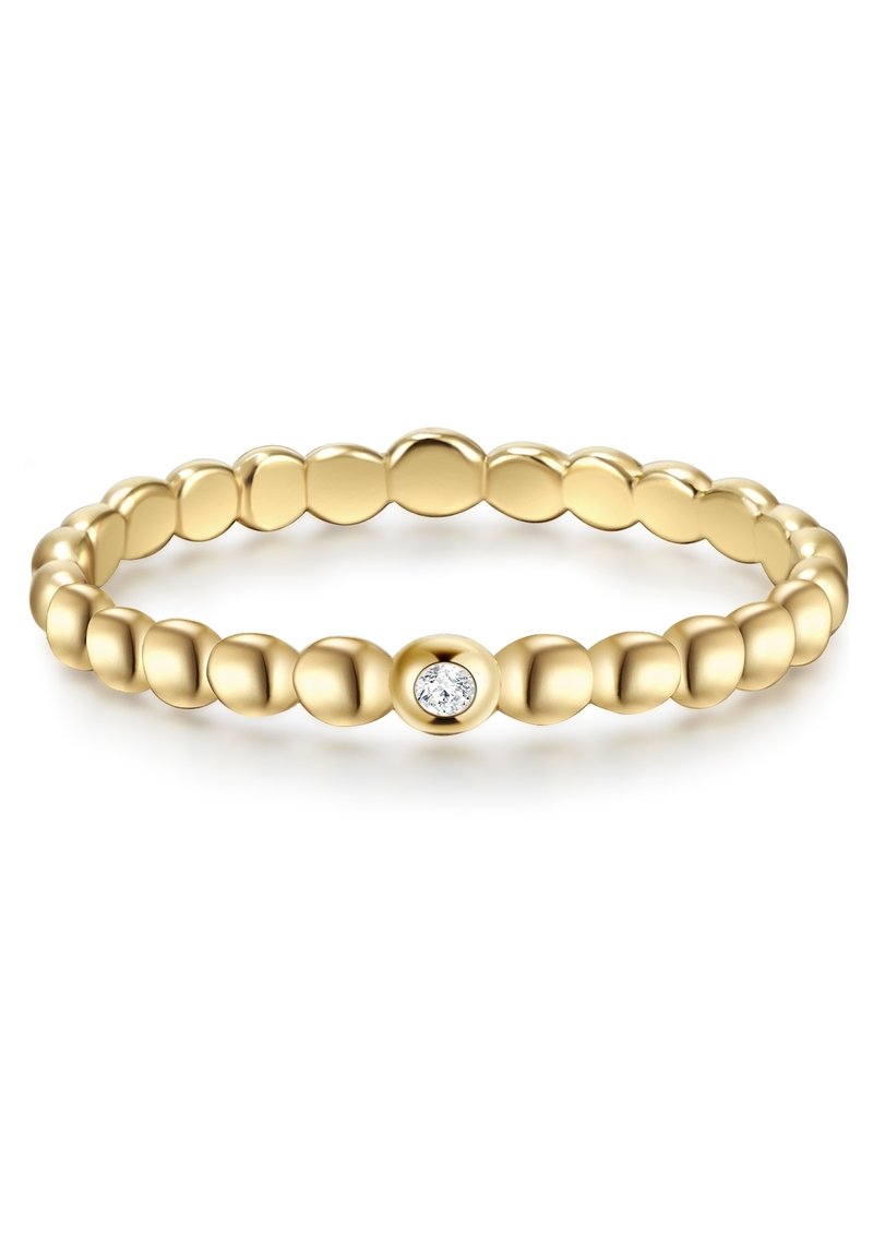 Kuldne sõrmus pärlkujundusega, millel on ümarad vormid ja keskel väike läbipaistev vääriskivi. Sileda tekstuuriga viimistlus.