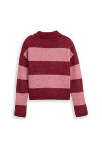 Gebreid vest met brede horizontale strepen in donkerrood en lichtroze, met een geribde halslijn en manchet, cropped lengte.