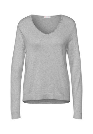 Suéter gris de manga larga con escote en V, puños y dobladillo de canalé. Fabricado en un material de punto suave con una textura lisa y un diseño minimalista.