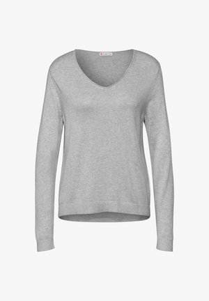 Maglione grigio a maniche lunghe con scollo a V, polsi e orlo a coste. Realizzato in un morbido materiale a maglia con una texture liscia e un design minimale.