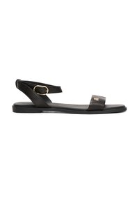 Mustad nahast lamedad sandaalid, millel on üks lai rihm ja pahkluuring, millel on kuldne pandla. Sujuv kujundus ja minimalism.