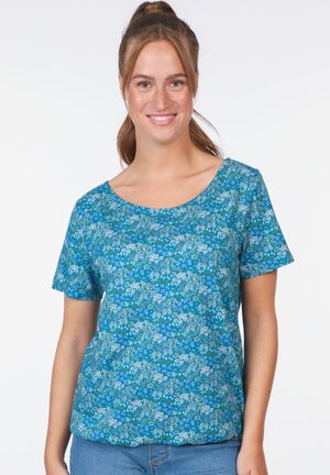 Bluse mit kurzen Ärmeln in Türkis, mit blauen und weißen Blumenmustern auf einem strukturierten Stoff. Rundhalsausschnitt und lässiger Schnitt.