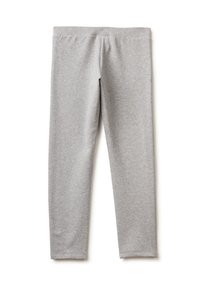 Šedé legíny vyrobené z měkkého, pružného materiálu. Mají hladký pas a těsný střih, bez viditelných značkových detailů nebo vzorů.