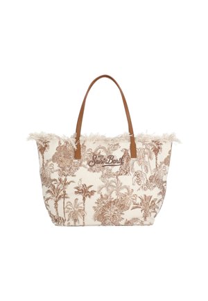 Borsa tote in tela con fogliame tropicale marrone e stampa animalier, bordo superiore con frange e manici in pelle marrone.