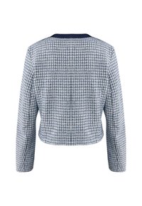 Kraftig jacka i ett blått och vitt rutmönster. Har långa ärmar och en ensfärgad marinblå krage. Texturerad tyg med en strukturerad passform.