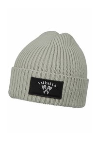 Light gray ribbed knit beanie with folded cuff and black patch displaying the word "valhalla" and crossed Viking axes.