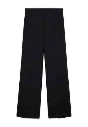 Zwarte broek met hoge taille en wijde pijpen, voorzien van een verborgen zijrits en zonder zichtbare zakken of versieringen.