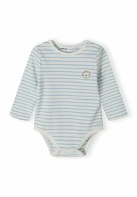 Bodysuit za bebe s dugim rukavima u svijetloplavim i krem prugama, napravljen od rebrastog materijala, s okruglom izrezom i malim aplikacijom životinje.