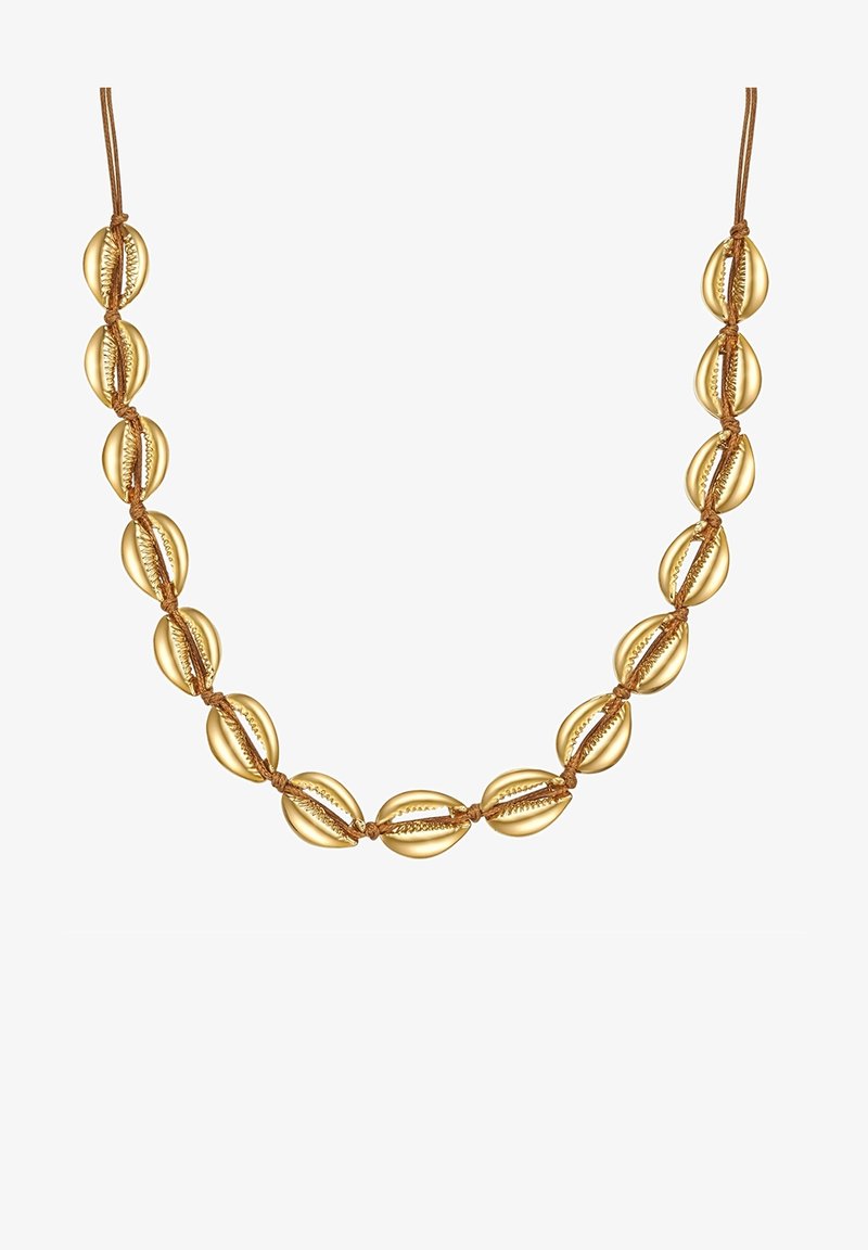 Guldtonet muslingehalskæde med en glat overflade, trukket på en brun snor, med jævnt fordelt, strukturerede muslingeformede elementer.
