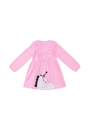 Vestito rosa a maniche lunghe con rouches sul petto e una grafica di unicorno sorridente con corno colorato nella parte inferiore anteriore.