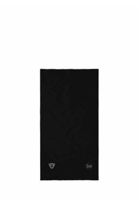 Black multifunctional neck gaiter in smooth, lightweight fabric. Features small logos: Buff and Primaloft, located at the bottom corners.