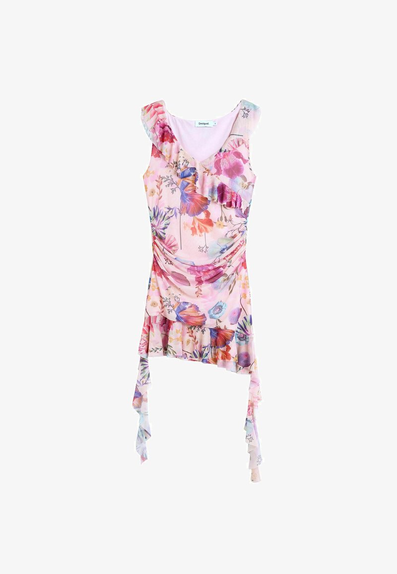 Vestido rosa sin mangas con estampado floral, escote con volantes, bajo asimétrico y lazos de tela drapeada colgando de los lados.