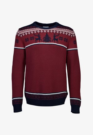 Weinroter gestrickter Pullover mit marineblauen Bündchen und Kragen, verziert mit Rentieren, Schneeflocken und geometrischen Wintermustern an der Brust und am Saum.
