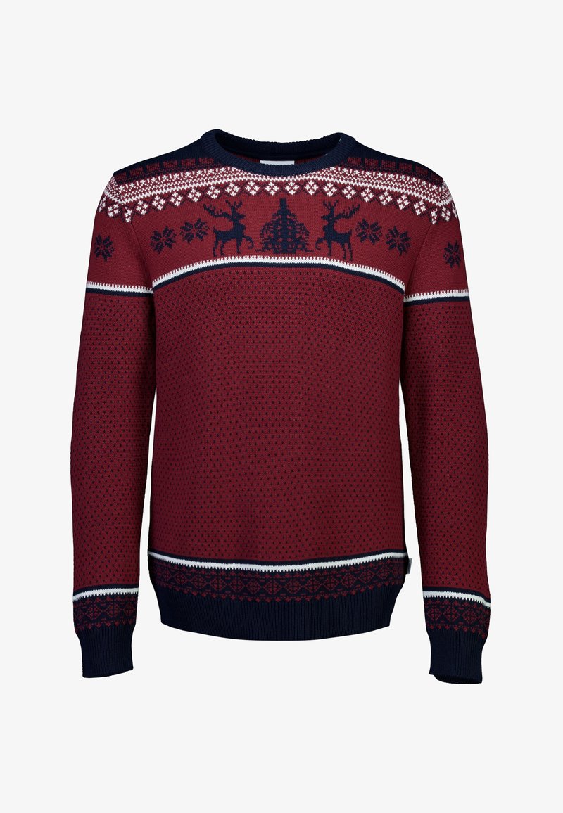 Weinroter gestrickter Pullover mit marineblauen Bündchen und Kragen, verziert mit Rentieren, Schneeflocken und geometrischen Wintermustern an der Brust und am Saum.