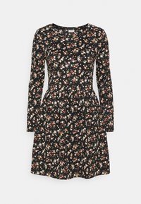 Abito lungo nero a maniche lunghe realizzato in tessuto con motivo floreale, caratterizzato da piccoli fiori bianchi, gialli e rossi, con una gonna svasata.