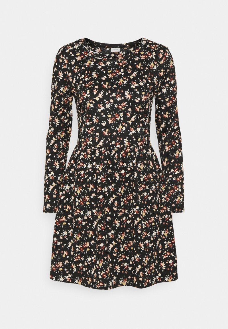 Abito lungo nero a maniche lunghe realizzato in tessuto con motivo floreale, caratterizzato da piccoli fiori bianchi, gialli e rossi, con una gonna svasata.