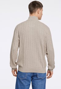 Beżowy sweter z dzianiny w warkocz z wysokim kołnierzem, ściągaczami przy mankietach i u dołu. Teksturowany wzór zawiera pionowe linie i luźny krój.