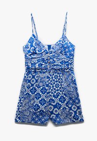 Blauwe jumpsuit met witte bloemen- en paisleypatronen. Heeft verstelbare banden en een geplooide bodice met knoopdetails.